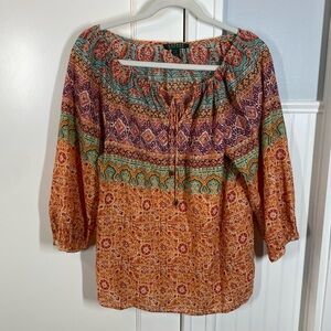 Lauren Ralph Lauren Women's Floral Boho 3/4 Sleeve Top Blouse Size‎ Large aztec